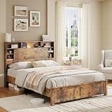 FHUKMZOI Full Size Wood Bed Frame with Storage Headboard, Farmhouse Platform Bedframe with LED Light and Charging Station, Wooden Strip Support, No Box Spring Needed, Easy Assembly (Dark Brown, Full)