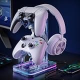 Luckit Gaming Headphones Stand, RGB Headset Stand with 2 USB Charging Ports, Dual Controller Holder with Light Modes, Earphone Hanger Accessories for Desktop Gamer