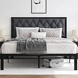 HISOFT Full Bed Frame with Upholstered Button Tufted Headboard, Bed Frame Platform Metal Slats Support, Under Bed Storage, No Box Spring Needed, Noise-Free, Easy Assembly, Grey