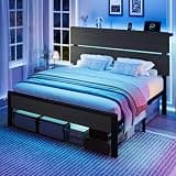 SHA CERLIN Queen Size Bed Frame, Led Light, Charging Station, Storage Shelf