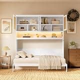 Twin Horizontal Murphy Bed with Desk and Storage,Charging Station & LED Lights,Wood Rattan Murphy Wall Bed with Storage Cabinets and Shelves,Space Saving for Bedroom Office Apartment (Twin,White)