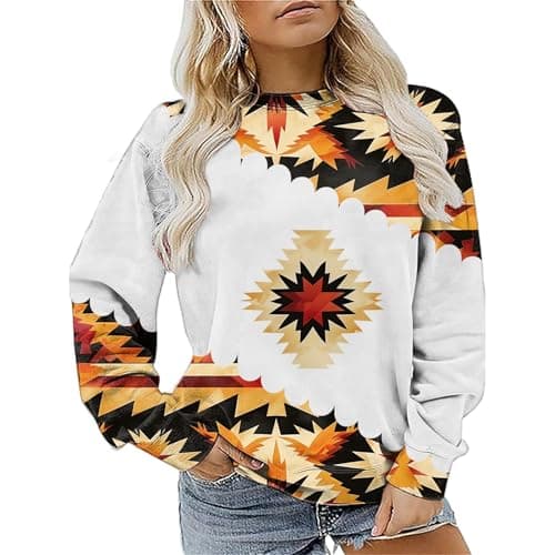 MARSVOVO Aztec Long Sleeve T Shirt Women Vintage Ethnic Tribal Yellow Rhombus Print Linen Loose Crew Neck Fall Ladies Sweatshirt Cowgirl Plus Size Causal Work Western Tops For Women,3XL