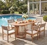 Virubi 7-Piece Light Teak Acacia Wood Outdoor Dining Set, 1 Oval Slatted Table + 6 Rope Arm Dining Chairs, Water Resistant Cream Cushions, for Patio Pool Backyard (Beige)