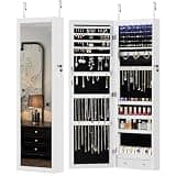 DUMOS 6 LEDs Mirror Jewelry Cabinet, Wall or Door Mounted Jewelry Organizer, 47.2-Inch Tall Lockable Large Capacity Cosmetic Storage, Gift Idea, White