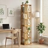 Rotating Bookshelf Tower, 360° Display Spinning Bookcase, 6 Tier Bamboo Bookshelf Floor Standing Storage Rack, Wood Narrow Book Shelf Organizer for Kids Adults (Brown)