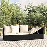 VIHHQGC Outdoor Lounge Bed with Adjustable Armrests and Removable Cushions, Black Poly Rattan Frame and Cream Cushions for Two, Durable Powder-Coated Steel and Polyester Construction