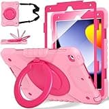 HRFSK Case for iPad 9th/8th/7th Generation 10.2 inch, Shockproof Cover with Screen Protector/360° Rotate Stand/Pencil Holder/Shoulder Strap, Kids Case for iPad 2021/2020/2019 (Pink+Rose Red)