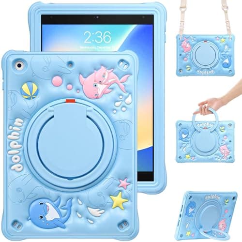 Shockproof for iPad 10.2 Case for Kids (9th/8th/7th Gen) - 360° Rotating Handle, Foldable Kickstand, Built-in Pencil Holder, Adjustable Shoulder Strap, Cute Dolphin Design, Heavy Duty Protection Cover