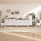AMERLIFE 5-Piece Farmhouse Bedroom Furniture Set, Dressers & Nightstand Set of 2 with Sideboard & Storage Cabinet, Sliding Barn Door Wood Bedroom Set for Bedroom/Living Room, Distressed White