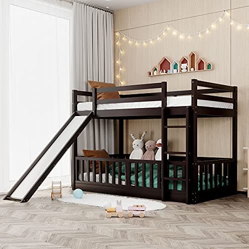 JCSD Maximize Space with Twin Over Twin Bunk Bed, Includes Slide and Ladder, Solid Pine Construction, Espresso