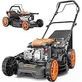 21” Self Propelled Lawn Mower Gas, 170CC 4-in-1 Mulch/Rear Bag/Side Discharge/Rear Discharge, Walk-Behind Gas Lawnmower with 7-Position Cutting Height, Foldable Gas Powered Lawn Mowers for Yard Garden