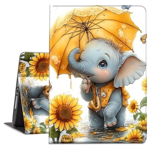 NLZQTTBD Case for iPad 10.2 Inch Tablet (9th/8th/7th Generation,2021/2020/2019), Slim PU Leather Smart Cover with Adjustable Stand, Auto Wake/Sleep - Elephant Umbrella Sunflowers