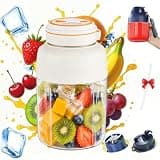 Portable Wireless Juicer Cup - 38 Blade 180W Rechargeable Personal Blender with Dual Lids, Leakproof Handle, Carry Strap for Smoothies, Shakes, Fruit Juice, Travel, Gym, Office (Beige*28OZ)