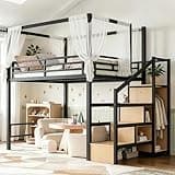 Bellemave Full Loft Bed with Storage Stairs & Wardrobe, Metal Loft Bed with Canopy Frame for Adults Teens, Heavy Duty Full Size Loft Bed Frame, No Box Spring Needed, Black Natural