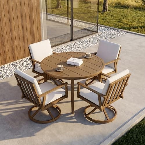 CikaCika 41" Round Outdoor Dining Table Set, 5-Piece Aluminum Round Outdoor Table with 4 Swivel Chairs, Faux Wood Grain Patio Table with Umbrella Hole for Garden, Backyard, Poolside, Teak