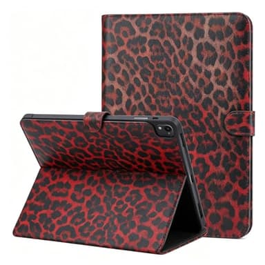 Case for iPad A16 11th Generation 11 Inch 2025 iPad 10th Generation 10.9 Inch 2022, Built-in Pencil Holder Heavy Duty Shockproof Smart Auto Sleep/Wake Leopard Print Folio Protective Cover (Red)