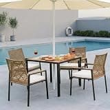 WOROLYY Patio Dining Table Sets, 5-Piece Outdoor Table and Chairs for 4, Wicker Patio Furniture Set Outdoor Conversation Set with Acacia Wood Table Top, Umbrella Hole for Garden, Backyard, Deck