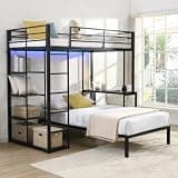 QVUUOU Twin Size Metal Loft Bed Frame with LED Light Strip, Side Storage Shelves & Built-in Desk, Heavy-Duty Steel Construction - Black