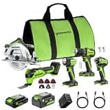 GREENWORKS 24V (5-TOOL) Combo (Drill + Impact Driver + Circular Saw + Multi-Tool + Flashlight), 4.0Ah + 2.0Ah (24,000mAh Power Bank) Batteries, (2) Cables, 65W Rapid Charger