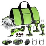 GREENWORKS 24V (5-TOOL) Combo (Drill + Impact Driver + Circular Saw + Multi-Tool + Flashlight), 4.0Ah + 2.0Ah (24,000mAh Power Bank) Batteries, (2) Cables, 65W Rapid Charger