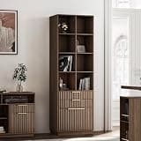 Perledesign Bookshelf with Drawers and Doors, Fluted Tall Bookcase with 4-Tier Storage Shelves, 73 inch Wooden Book Shelf for Home Office, Black Walnut