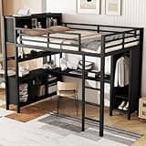 URTR Metal loft Bed with L-Shaped Desk and Wardrobe—a Sturdy, Space-Saving Bed Featuring Storage compartments and Shelves, Suitable for Teens and Adults (Black, Full)