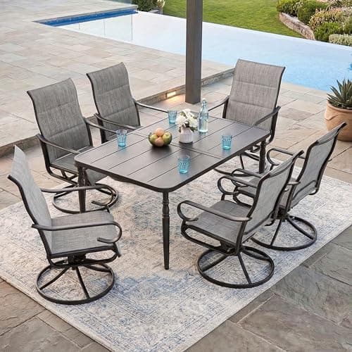 NUU GARDEN 7PCS Padded Textilene Outdoor Dining Set with Umbrella Hole, Powder-Coated Metal Frame Patio Dining Table and Chairs with Swivel Base, Patio Table and Chair Set, Turned Legs, Light Gray