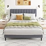Sweetcrispy Full Size Bed Frame with Adjustable Upholstered Headboard, Metal Platform Bed with Wooden Slat Support, No Box Spring Needed, Noise Free, Under Bed Storage, Easy Assembly, Grey