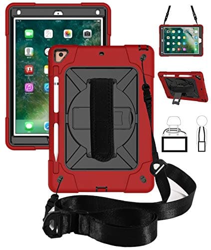 QYiD Tablet Case for New iPad 9.7 / 6th / 5th Generation Rugged Protective Cover with Stand, Pen Slot, Hand Strap & Shoulder Strap for Apple iPad 9.7 (2018) / Apple iPad 9.7 (2017) (Red+Black)