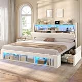 ADORNEVE California King Bed Frames with 4 Storage Drawers, Footboard Cubbies and RGB Lights, Corduroy Upholstered Platform Bed with Power Outlets and Storage Headboard, No Box Spring Needed, Cream
