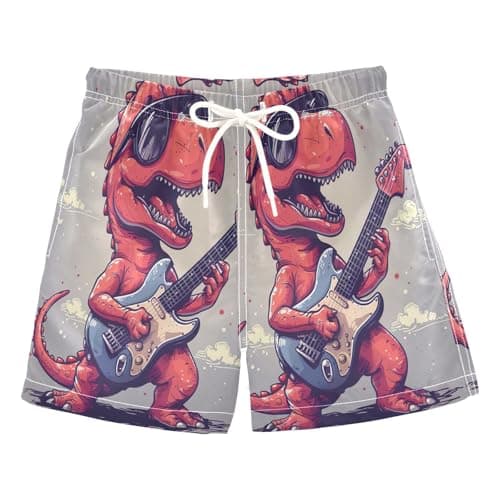 RPLIFE Red Dinosaur Playing Guitar Swimming Shorts for Boys, Swim Trunks Toddler Boys Age 10