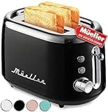 MUELLER HOME Retro Toaster 2 Slice, 7 Browning Levels, 3 Functions (Reheat, Defrost, Cancel), Stainless Steel Features, Removable Crumb Tray, Under Base Cord Storage, Black