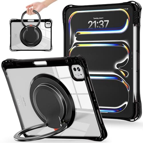 Shockproof Protective Case for iPad Pro 11 Inch Case 2024 M4(Model: A2836/A2837/A3006) Case with Pencil Holder, Sturdy Stand, Shoulder Strap TPU Cover Clear Back Shell Tablet Cover(Black)