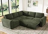 HONBAY Modular Sectional Sleeper Sofa with Pull Out Bed,Corduroy L Shaped Couch with Storage, Sectional Couches for Living Room,Green
