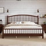 SOFTSEA King Size Platform Bed Frame, Mid-Century Modern Wood Bed with Spindle Headboard and Footboard, No Box Spring Needed, Easy Assembly, Espresso