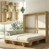 CECER Queen Size Wall Murphy Bed with Storage Shelf,Space-Saving Queen Wall Beds Cabinet Bed,Queen Murphy Cabinet Beds with Bookshelf for Guest Room/Bedroom-Natural Wood