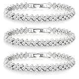 GlamSavvyFZ 3-Pack Silver Rhinestone Tennis Bracelets for Women, Vintage Couples Hollow Wavy Design Bangles with Secure Clasp, Elegant Jewelry for Wedding, Party, Evening Wear