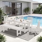 KINGYES 6-Piece Patio Dining Set, HDPE Table, Bench and Armless Chairs Outdoor Furniture Set with Umbrella Hole, White