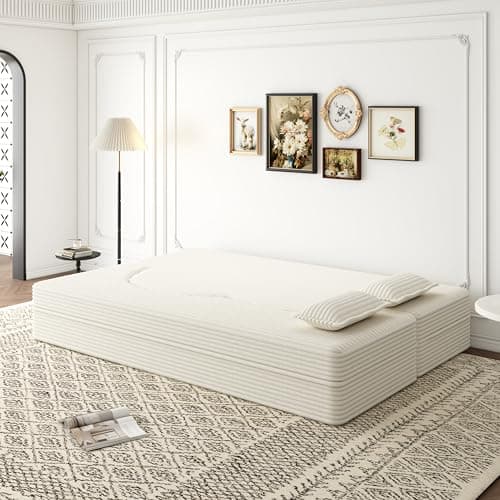 Gecheer Modern Floor Sofa with 2 Pillows, Convertible Plush Corduroy Foam-Filled Sleeper Sofa Bed, 1? Full Size Folding Mattress for Living Room, Guest Bed, No Assembly Required