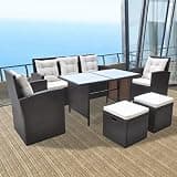 NKOPPFG 7 Piece Rattan Patio Dining Set with Cushions, 3 Seater Sofa and 2 Armchairs, Brown PE Rattan Outdoor Furniture Set with Glass Table