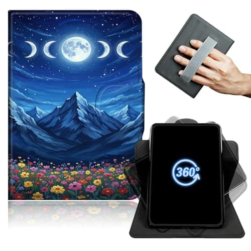 360° Rotating Case for Amazon Kindle Fire HD 10 Tablet (13th Gen, 2023 Release) 10.1" with Hand Strap, PU Leather Cover Auto Sleep Wake & Magnetic Closure for Fire HD 10 2023, Moon Phase Mountain Art