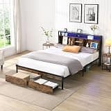 Full Size Metal Platform Bed Frame with Wooden Headboard and with Footboard USB,Charging Station,2 Drawers,Storage, LED Lights, No Box Spring Needed, Easy Assemble