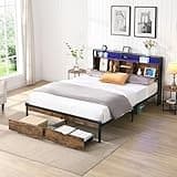 Full Size Metal Platform Bed Frame with Wooden Headboard and with Footboard USB,Charging Station,2 Drawers,Storage, LED Lights, No Box Spring Needed, Easy Assemble
