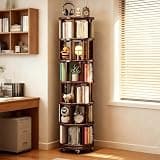 Orixal 6-Tier Solid Wood Rotating Bookshelf – 360° Rotating Tower with Locking Wheels – Round Spinning Bookcase Organizer – Corner Bookshelf for Small Spaces, Living Room, Office, Study Room