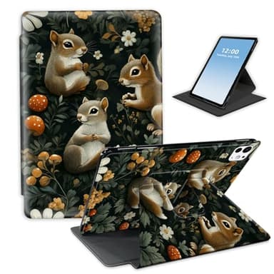 HGGJFLYX for iPad Pro 13 Inch 2024/2025/2026,360 Degree Rotating Multi-Angle Viewing Stand Leather Cover 13" iPad Pro 13 2024/2025/2026,Auto Sleep/Wake,Woodland Squirrel Pattern