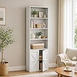 Furevol 6-Tier Farmhouse Bookshelf, Bookcase with Doors, Display Book Shelf, 9.2 x 21.6 x 71.2, for Bedroom, Living Room, Home Office, White
