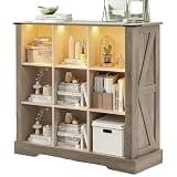 Stabrech 9 Cube Storage Organizer, 3 Tier Book Shelf with Led Lights, Farmhouse Book Shelves for Living Room, Horizontal Toy Storage Bookshelf, Wood Display Bookcase Cabinet for Bedroom, Office, Grey
