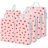 Lemoobolsa 6 Set Compression Packing Cubes, Suitcase Organizer, Lightweight Travel Essentials, Compression Bags For Travel Accessories Luggage Storage Set (6Pcs, Pink Strawberries)