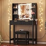 ProsperHaven Vanity Desk with Mirror and LED Lights, Small Makeup Vanity Table Set with Fluted Drawers and Chair, Dressing Table with Power Outlet for Girls Bedroom, Black