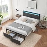 IDEALHOUSE Full Bed Frame with 2 Storage Drawers, RGB LED Lights, Upholstered Button-Tufted Headboard, Easy Assembly, No Box Spring Needed & Noise Free, Gray